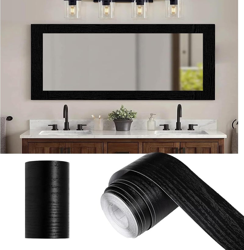 Alened 10M Black Wood Grain Mirror Frame Border Peel and Stick Wallpaper, Removable PVC Waterproof Bathroom Mirror Tape Sticker Trim, Kitchen Wallpaper Self Adhesive Decor Sticker 2" x 393" - Image 1